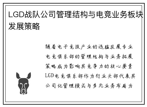 LGD战队公司管理结构与电竞业务板块发展策略
