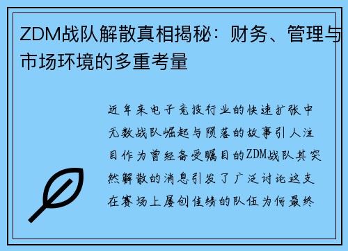 ZDM战队解散真相揭秘：财务、管理与市场环境的多重考量